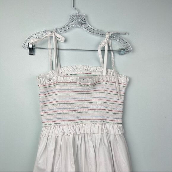 English Factory Smocked White Rainbow Midi Dress W/Pockets Adjustable Ties Sz M - Picture 11 of 16